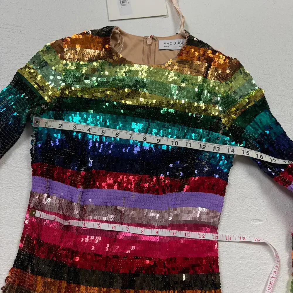 Mac Duggal Rainbow Sequin Long Sleeve Mini Dress, Size 0 - Picture 9 of 10